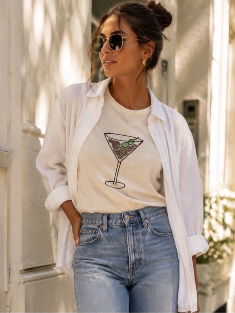 J.Crew Collector Tee Martini Graphic Sequin Detail Neutral Cotton Summer Top XS